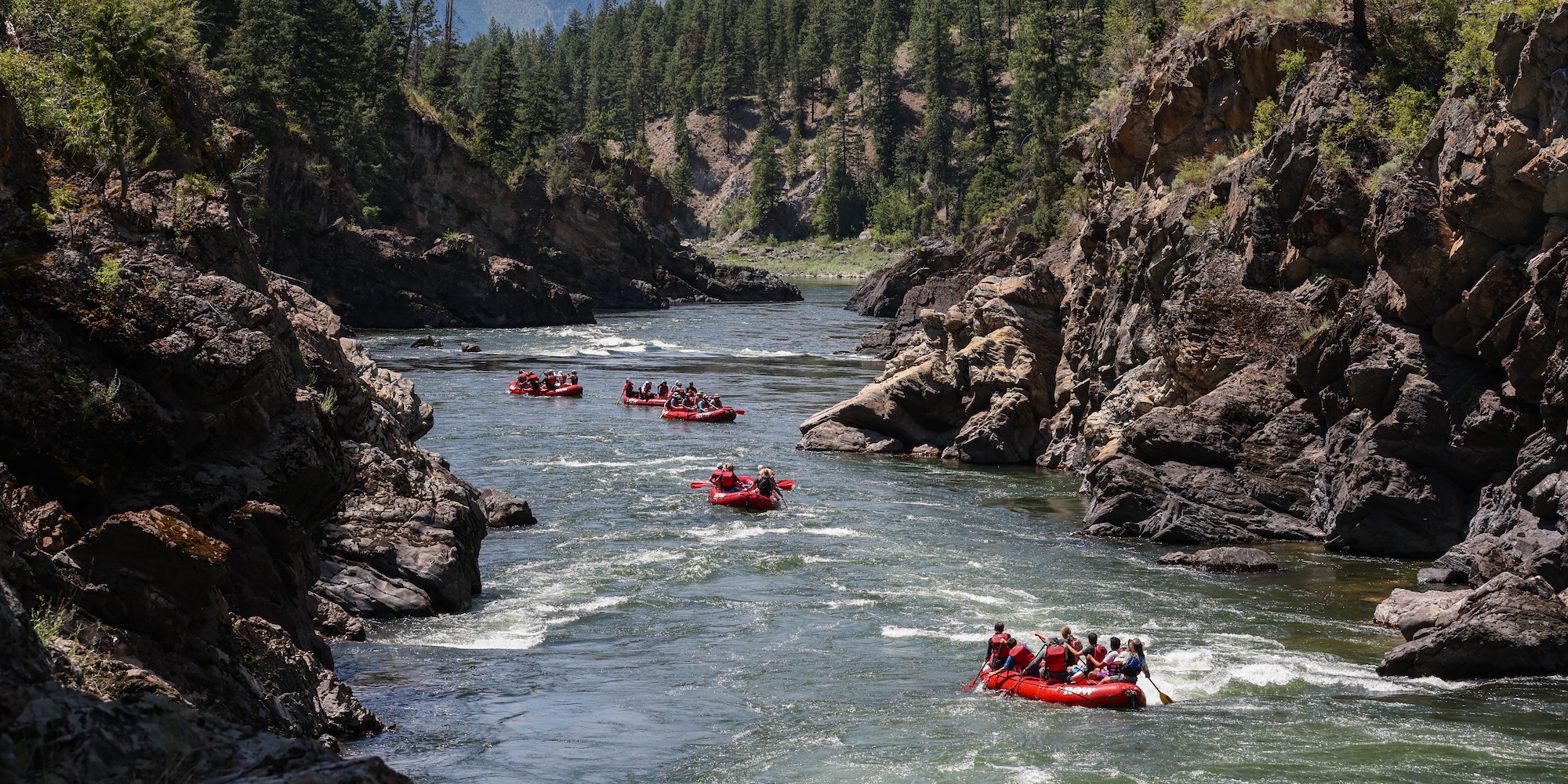 Adventurers steering through rapids in a red ROW Adventures raft, splashing water in a narrow forested canyon.